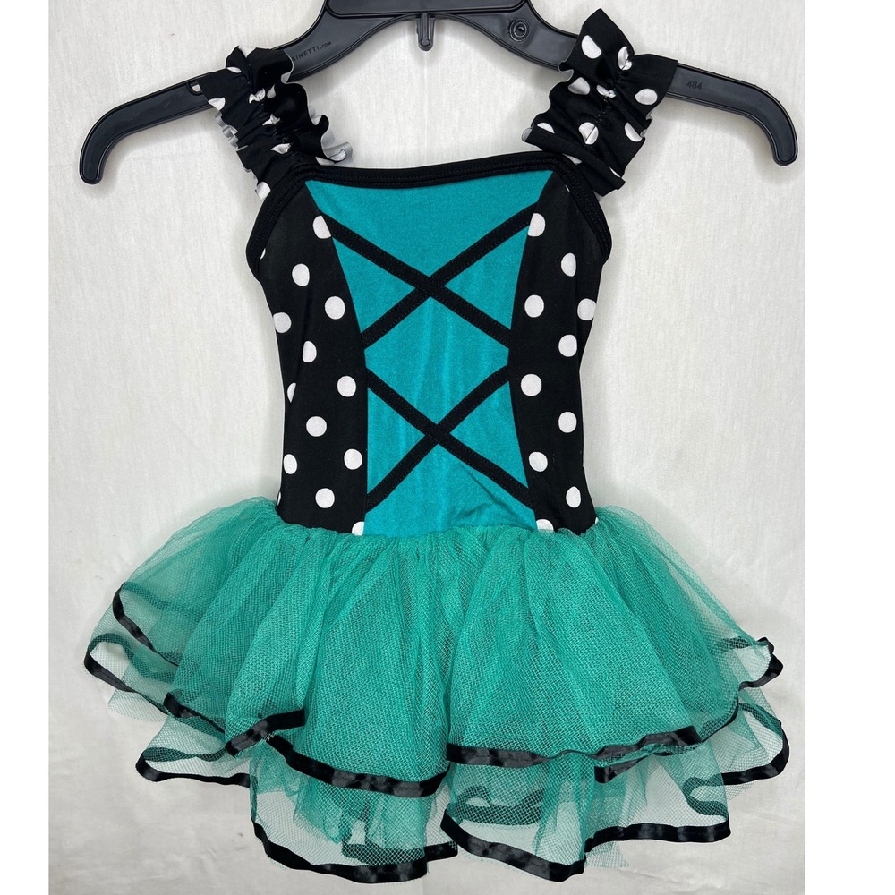 Curtain Call Costumes Teal Black Polka Dot Tutu Dance Leotard Dress CXS E772